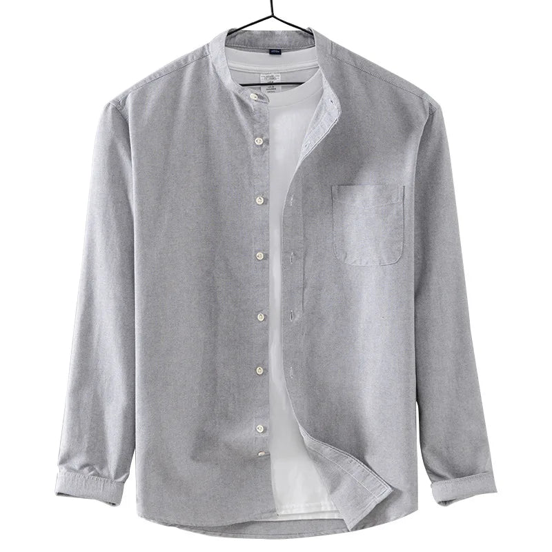 Solid Color Stand-up Oxford 100% Cotton Longsleeve Shirt for Men Korean Clothes Mens Fashion Clothing Trends Button Up Shirt