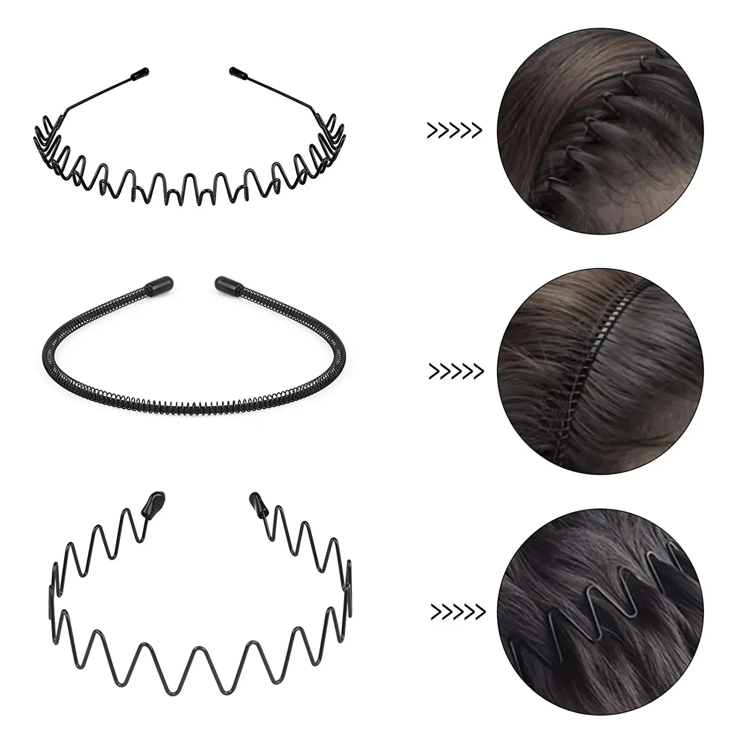 1/3pcs Unisex Black Elastic Non Slip Metal Headbands For Men Women Wavy Hairband Spring Hair Hoop Fashion Hair Accessories