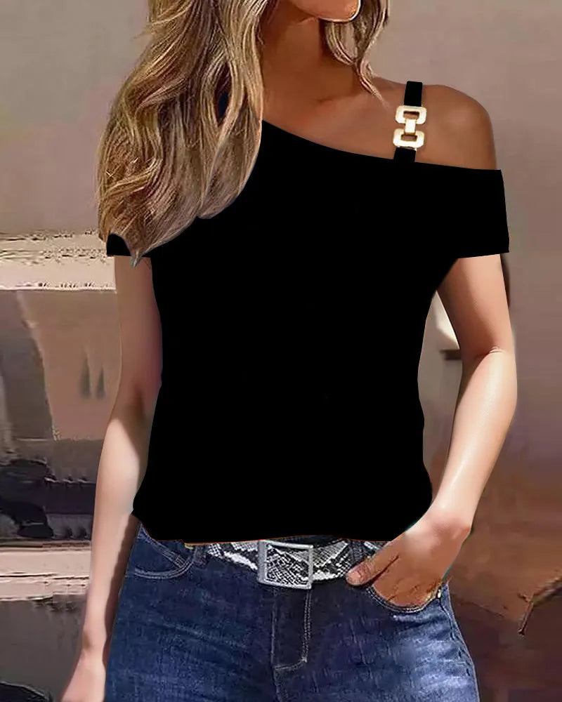 2024 Blusas Para Mujer Women Summer Stripe One Shoulder Short Sleeve Casual Blouse Tops T-shirt Loose Elegant Lady Clothes