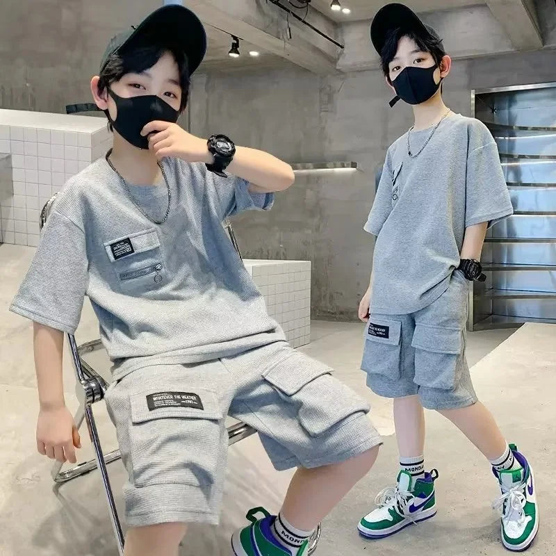 Summer Boy Sports Sets Kids Casual Costume Teenager Fashion Outfits Children T-shirts+Shorts 2Pcs Short Sleeves Top Pants Suits