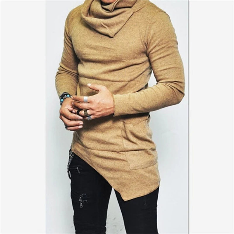 Plus Size 5XL Men's Hoodies Unbalance Hem Pocket Long Sleeve Sweatshirt For Men Clothing Autumn Turtleneck Sweatshirt Top Hoodie