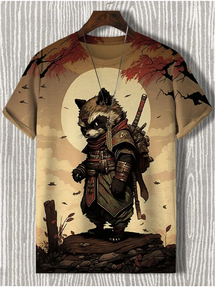 Men's T-Shirt Japanese Style Samurai Cat Graphic 3D Printed T-Shirt Casual Short Sleeved Tee Outdoor Oversized Men Clothing Tops