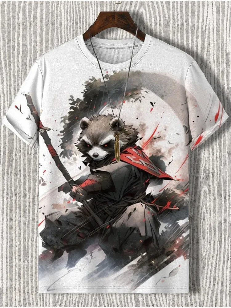 Men's T-Shirt Japanese Style Samurai Cat Graphic 3D Printed T-Shirt Casual Short Sleeved Tee Outdoor Oversized Men Clothing Tops