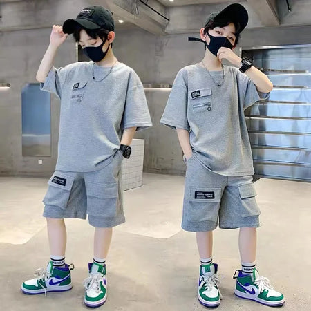 Summer Boy Sports Sets Kids Casual Costume Teenager Fashion Outfits Children T-shirts+Shorts 2Pcs Short Sleeves Top Pants Suits