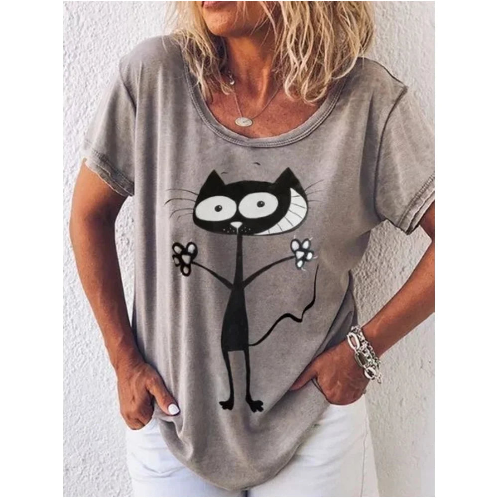 Retro Women's T Shirt Anime Cat Graphic Girl Clothes Summer V-neck Short Sleeve Tees Female Harajuku Streetwear Oversized Blouse